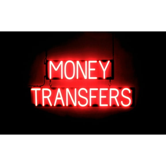 SpellBrite MONEY TRANSFERS LED Sign for Business. 34.8" x 15.0" Red MONEY TRANSFERS Sign Has Neon Sign Look With Energy Efficient LED Light Source. Visible from 500+ Feet, 8 Animation Settings.