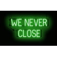 thumbnail image 1 of SpellBrite WE NEVER CLOSE LED Sign for Business. 31.0" x 15.0" Green WE NEVER CLOSE Sign Has Neon Sign Look With Energy Efficient LED Light Source. Visible from 500+ Feet, 8 Animation Settings., 1 of 4