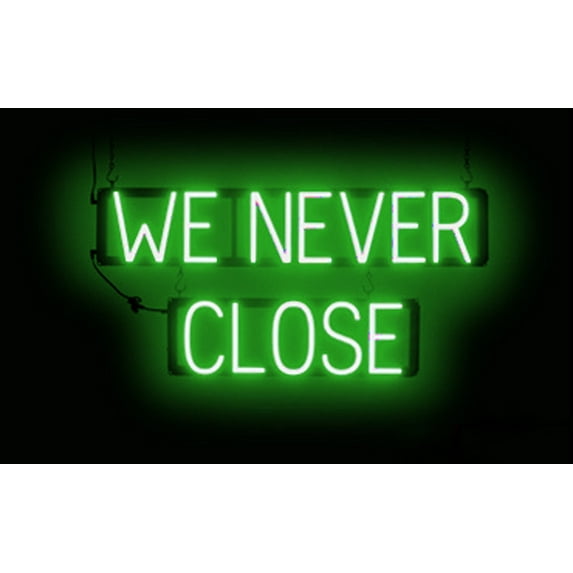 SpellBrite WE NEVER CLOSE LED Sign for Business. 31.0" x 15.0" Green WE NEVER CLOSE Sign Has Neon Sign Look With Energy Efficient LED Light Source. Visible from 500+ Feet, 8 Animation Settings.