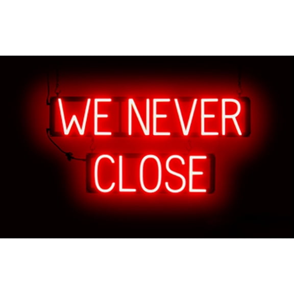 SpellBrite WE NEVER CLOSE LED Sign for Business. 31.0" x 15.0" Red WE NEVER CLOSE Sign Has Neon Sign Look With Energy Efficient LED Light Source. Visible from 500+ Feet, 8 Animation Settings.