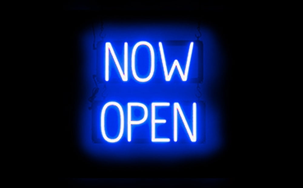 SpellBrite NOW OPEN LED Sign for Business. 16.5" x 15.0" Blue NOW OPEN Sign Has Neon Sign Look With Energy Efficient LED Light Source. Visible from 500+ Feet, 8 Animation Settings.