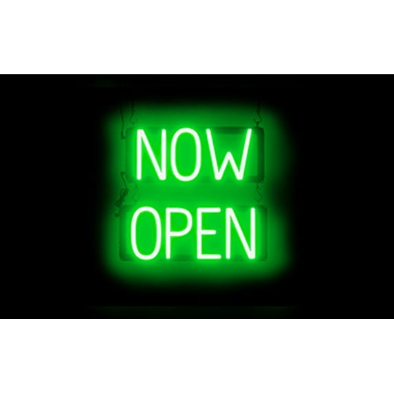 SpellBrite NOW OPEN LED Sign for Business. 16.5" x 15.0" Green NOW OPEN Sign Has Neon Sign Look With Energy Efficient LED Light Source. Visible from 500+ Feet, 8 Animation Settings.