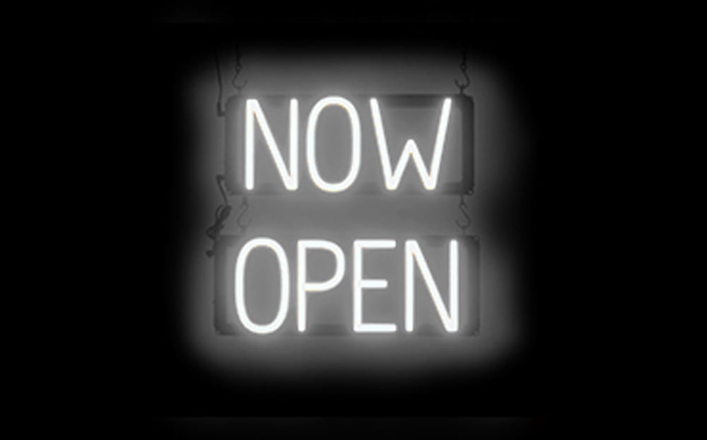 SpellBrite NOW OPEN LED Sign for Business. 16.5" x 15.0" White NOW OPEN Sign Has Neon Sign Look With Energy Efficient LED Light Source. Visible from 500+ Feet, 8 Animation Settings.