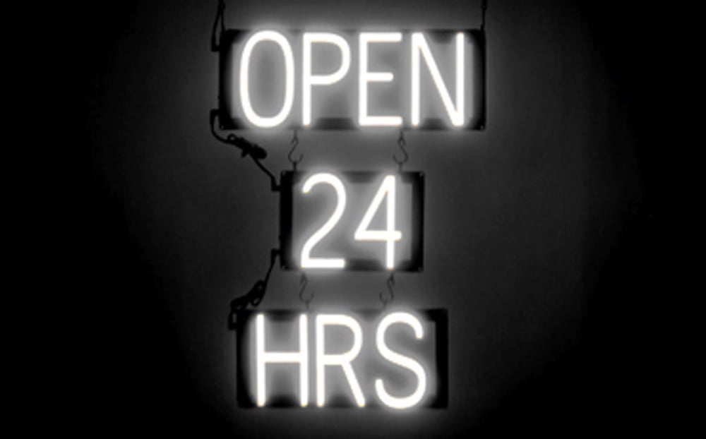 SpellBrite OPEN 24 HRS LED Sign for Business. 16.5" x 23.8" White OPEN 24 HRS Sign Has Neon Sign Look With Energy Efficient LED Light Source. Visible from 500+ Feet, 8 Animation Settings.