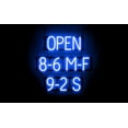 thumbnail image 1 of SpellBrite OPEN 8-6 M-F 9-2 S LED Sign for Business. 23.7" x 23.8" Blue OPEN 8-6 M-F 9-2 S Sign Has Neon Sign Look With Energy Efficient LED Light Source. Visible from 500+ Feet, 8 Animations., 1 of 4