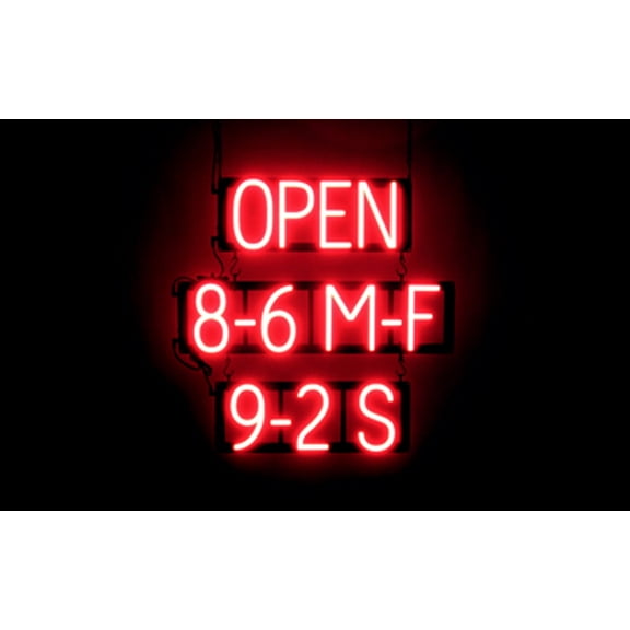 SpellBrite OPEN 8-6 M-F 9-2 S LED Sign for Business. 23.7" x 23.8" Red OPEN 8-6 M-F 9-2 S Sign Has Neon Sign Look With Energy Efficient LED Light Source. Visible from 500+ Feet, 8 Animation Settings.