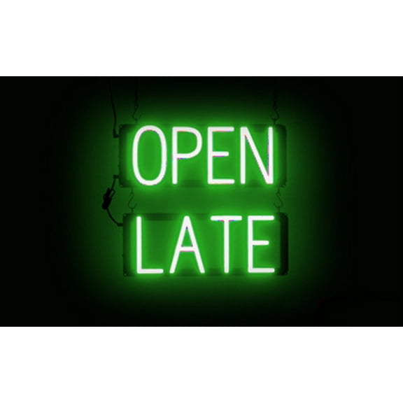 SpellBrite OPEN LATE LED Sign for Business. 17.0" x 15.0" Green OPEN LATE Sign Has Neon Sign Look With Energy Efficient LED Light Source. Visible from 500+ Feet, 8 Animation Settings.