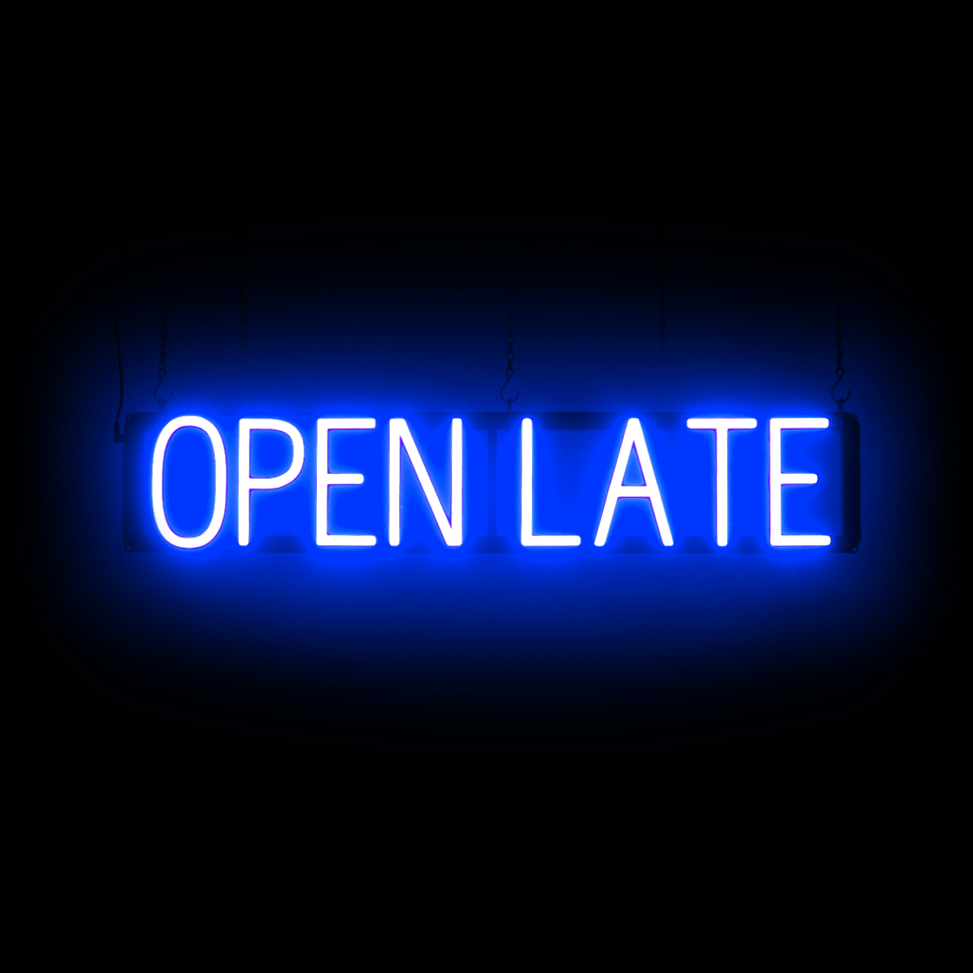 SpellBrite OPEN LATE LED Sign for Business. 33.0" x 6.3" Blue OPEN LATE Sign Has Neon Sign Look With Energy Efficient LED Light Source. Visible from 500+ Feet, 8 Animation Settings.