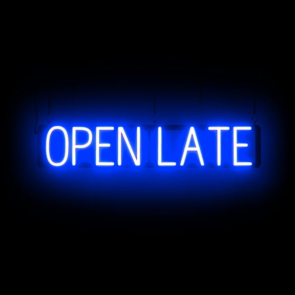 SpellBrite OPEN LATE LED Sign for Business. 33.0" x 6.3" Blue OPEN LATE Sign Has Neon Sign Look With Energy Efficient LED Light Source. Visible from 500+ Feet, 8 Animation Settings.
