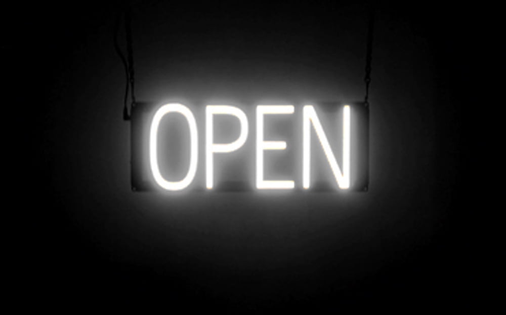 SpellBrite OPEN LED Sign for Business. 16.5" x 6.3" White OPEN Sign Has Neon Sign Look With Energy Efficient LED Light Source. Visible from 500+ Feet, 8 Animation Settings.