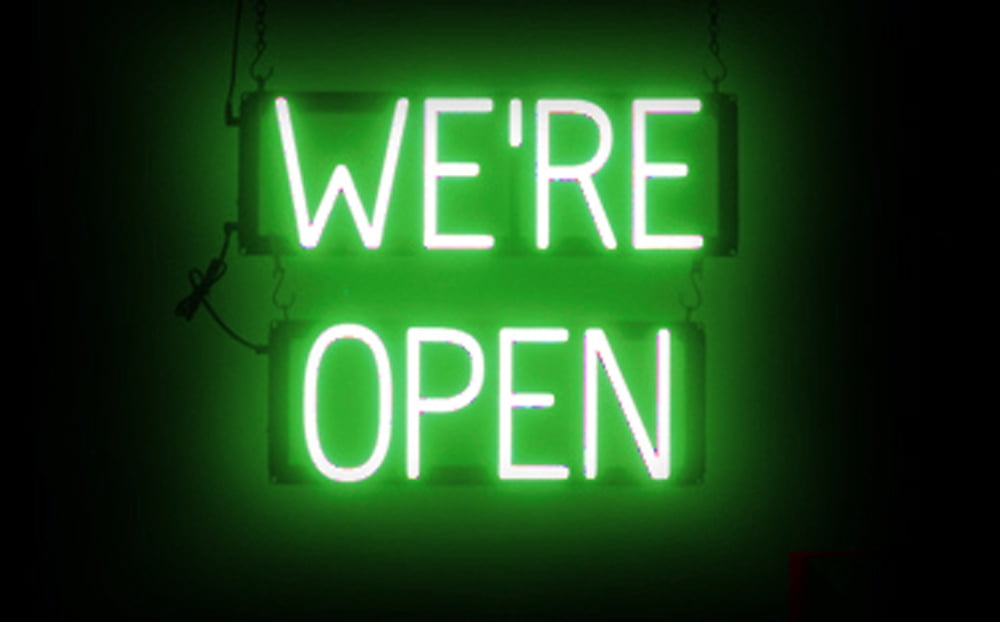 SpellBrite WE'RE OPEN LED Sign for Business. 18.9" x 15.0" Green WE'RE OPEN Sign Has Neon Sign Look With Energy Efficient LED Light Source. Visible from 500+ Feet, 8 Animation Settings.