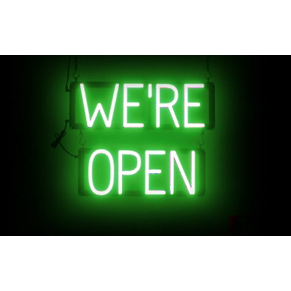 SpellBrite WE'RE OPEN LED Sign for Business. 18.9" x 15.0" Green WE'RE OPEN Sign Has Neon Sign Look With Energy Efficient LED Light Source. Visible from 500+ Feet, 8 Animation Settings.