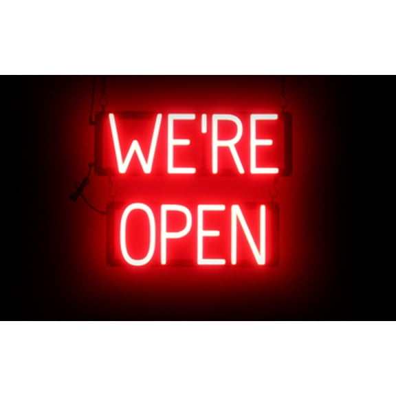 SpellBrite WE'RE OPEN LED Sign for Business. 18.9" x 15.0" Red WE'RE OPEN Sign Has Neon Sign Look With Energy Efficient LED Light Source. Visible from 500+ Feet, 8 Animation Settings.