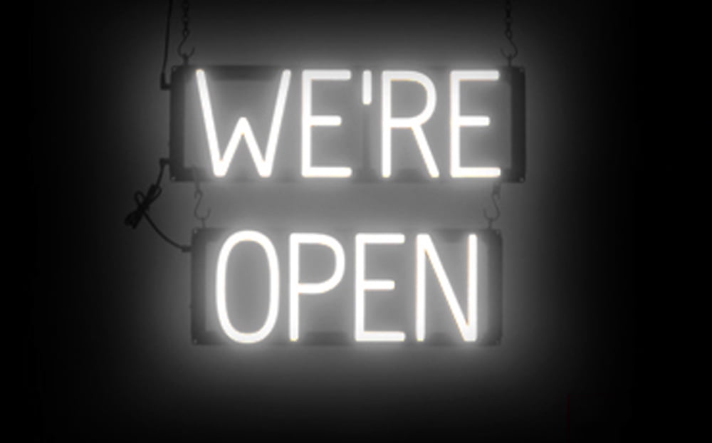 SpellBrite WE'RE OPEN LED Sign for Business. 18.9" x 15.0" White WE'RE OPEN Sign Has Neon Sign Look With Energy Efficient LED Light Source. Visible from 500+ Feet, 8 Animation Settings.