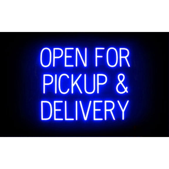 SpellBrite OPEN FOR PICKUP & DELIVERY LED Sign for Business. 29.3" x 23.8" Blue OPEN FOR PICKUP & DELIVERY Sign Has Neon Sign Look, LED Light Source. Visible from 500+ Feet, 8 Animations.