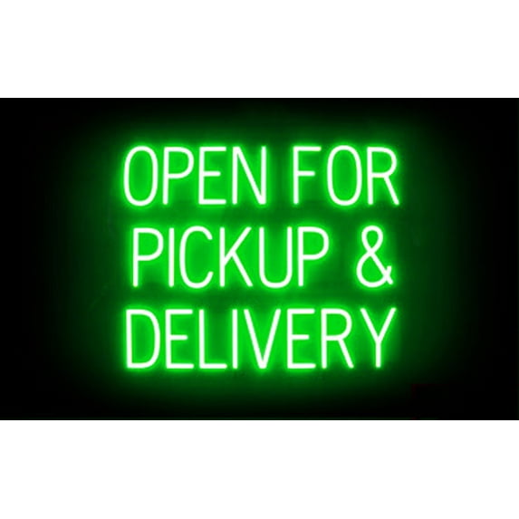 SpellBrite OPEN FOR PICKUP & DELIVERY LED Sign for Business. 29.3" x 23.8" Green OPEN FOR PICKUP & DELIVERY Sign Has Neon Sign Look, LED Light Source. Visible from 500+ Feet, 8 Animations.