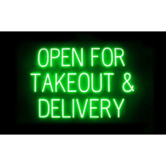 SpellBrite OPEN FOR TAKEOUT & DELIVERY LED Sign for Business. 34.1" x 23.8" Green OPEN FOR TAKEOUT & DELIVERY Sign Has Neon Sign Look, LED Light Source. Visible from 500+ Feet, 8 Animations.