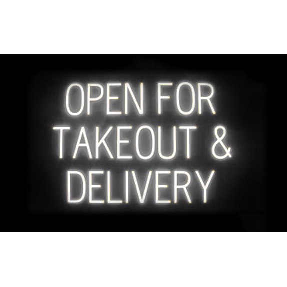SpellBrite OPEN FOR TAKEOUT & DELIVERY LED Sign for Business. 34.1" x 23.8" White OPEN FOR TAKEOUT & DELIVERY Sign Has Neon Sign Look, LED Light Source. Visible from 500+ Feet, 8 Animations.