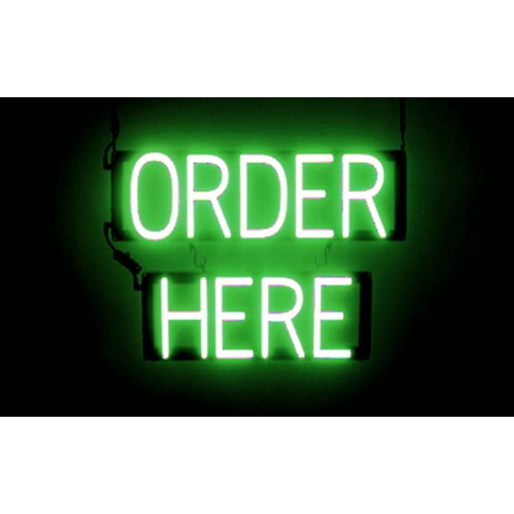 SpellBrite ORDER HERE LED Sign for Business. 20.3" x 15.0" Green ORDER HERE Sign Has Neon Sign Look With Energy Efficient LED Light Source. Visible from 500+ Feet, 8 Animation Settings.
