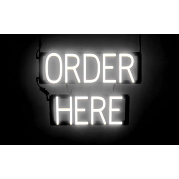 SpellBrite ORDER HERE LED Sign for Business. 20.3" x 15.0" White ORDER HERE Sign Has Neon Sign Look With Energy Efficient LED Light Source. Visible from 500+ Feet, 8 Animation Settings.