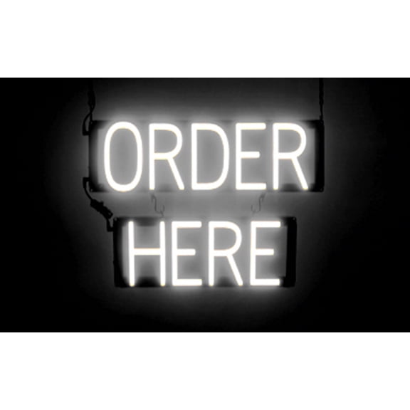 SpellBrite ORDER HERE LED Sign for Business. 20.3" x 15.0" White ORDER HERE Sign Has Neon Sign Look With Energy Efficient LED Light Source. Visible from 500+ Feet, 8 Animation Settings.