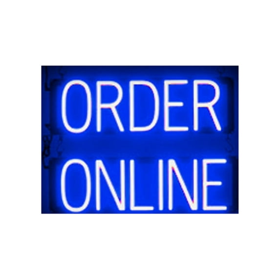SpellBrite ORDER ONLINE LED Sign for Business. 21.0" x 15.0" Blue ORDER ONLINE Sign Has Neon Sign Look With Energy Efficient LED Light Source. Visible from 500+ Feet, 8 Animation Settings.