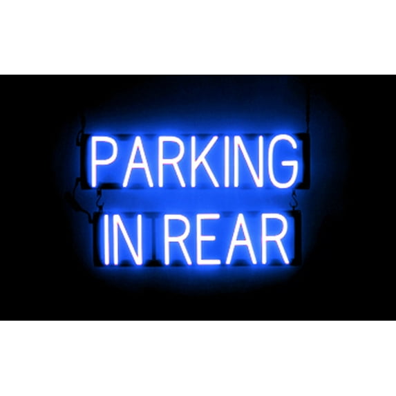 SpellBrite PARKING IN REAR LED Sign for Business. 25.8" x 15.0" Blue PARKING IN REAR Sign Has Neon Sign Look With Energy Efficient LED Light Source. Visible from 500+ Feet, 8 Animation Settings.