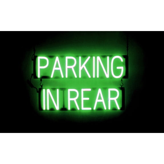 SpellBrite PARKING IN REAR LED Sign for Business. 25.8" x 15.0" Green PARKING IN REAR Sign Has Neon Sign Look With Energy Efficient LED Light Source. Visible from 500+ Feet, 8 Animation Settings.