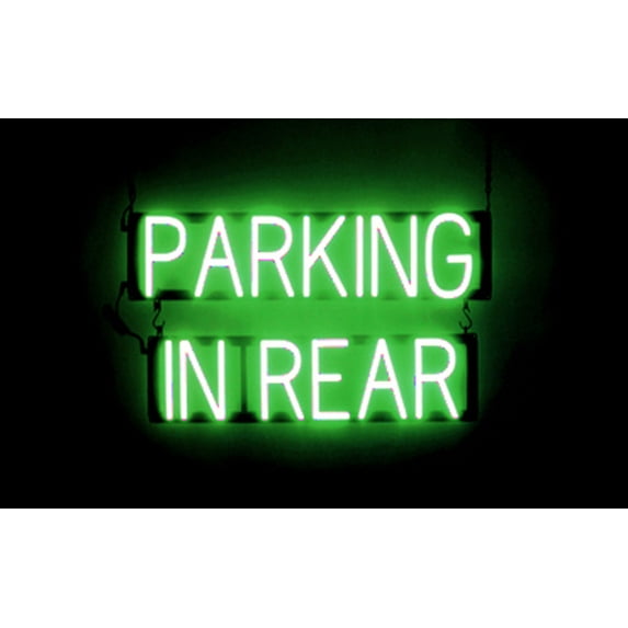 SpellBrite PARKING IN REAR LED Sign for Business. 25.8" x 15.0" Green PARKING IN REAR Sign Has Neon Sign Look With Energy Efficient LED Light Source. Visible from 500+ Feet, 8 Animation Settings.