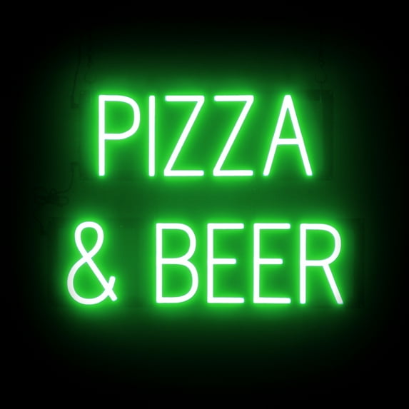 SpellBrite PIZZA & BEER LED Sign for Business. 21.9" x 15.0" Green PIZZA & BEER Sign Has Neon Sign Look With Energy Efficient LED Light Source. Visible from 500+ Feet, 8 Animation Settings.