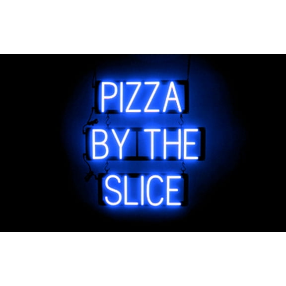SpellBrite PIZZA BY THE SLICE LED Sign for Business. 22.4" x 23.8" Blue PIZZA BY THE SLICE Sign Has Neon Sign Look With Energy Efficient LED Light Source. Visible from 500+ Feet, 8 Animations.