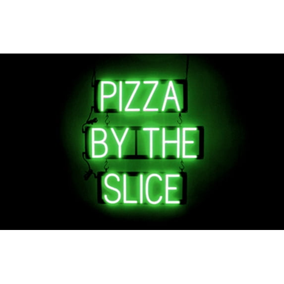 SpellBrite PIZZA BY THE SLICE LED Sign for Business. 22.4" x 23.8" Green PIZZA BY THE SLICE Sign Has Neon Sign Look With Energy Efficient LED Light Source. Visible from 500+ Feet, 8 Animations.