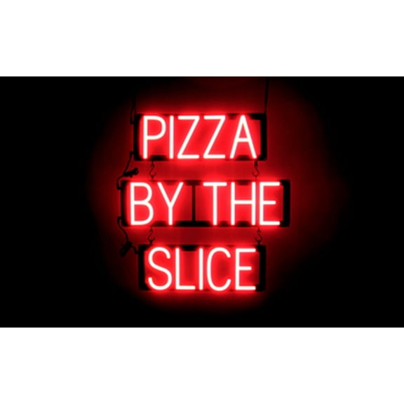 SpellBrite PIZZA BY THE SLICE LED Sign for Business. 22.4" x 23.8" Red PIZZA BY THE SLICE Sign Has Neon Sign Look With Energy Efficient LED Light Source. Visible from 500+ Feet, 8 Animation Settings.