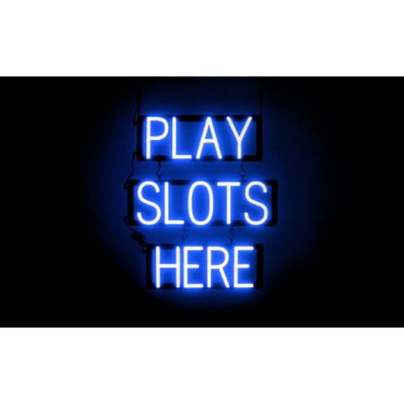 SpellBrite PLAY SLOTS HERE LED Sign for Business. 20.3" x 23.8" Blue PLAY SLOTS HERE Sign Has Neon Sign Look With Energy Efficient LED Light Source. Visible from 500+ Feet, 8 Animation Settings.