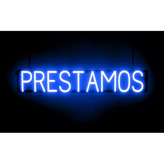 SpellBrite PRESTAMOS LED Sign for Business. 36.0" x 6.3" Blue PRESTAMOS Sign Has Neon Sign Look With Energy Efficient LED Light Source. Visible from 500+ Feet, 8 Animation Settings.