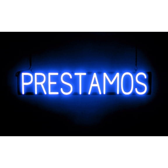 SpellBrite PRESTAMOS LED Sign for Business. 36.0" x 6.3" Blue PRESTAMOS Sign Has Neon Sign Look With Energy Efficient LED Light Source. Visible from 500+ Feet, 8 Animation Settings.