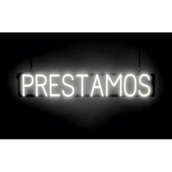 SpellBrite PRESTAMOS LED Sign for Business. 36.0" x 6.3" White PRESTAMOS Sign Has Neon Sign Look With Energy Efficient LED Light Source. Visible from 500+ Feet, 8 Animation Settings.