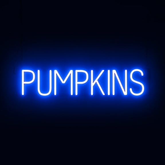 SpellBrite PUMPKINS LED Sign for Business. 29.8" x 6.3" Blue PUMPKINS Sign Has Neon Sign Look With Energy Efficient LED Light Source. Visible from 500+ Feet, 8 Animation Settings.