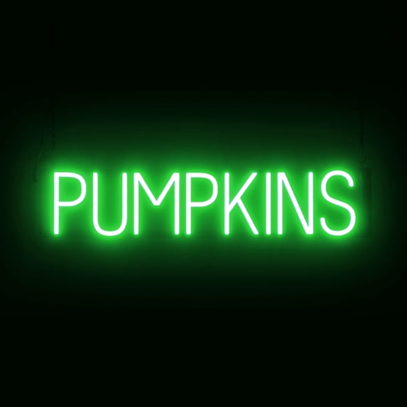 SpellBrite PUMPKINS LED Sign for Business. 29.8" x 6.3" Green PUMPKINS Sign Has Neon Sign Look With Energy Efficient LED Light Source. Visible from 500+ Feet, 8 Animation Settings.