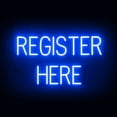 thumbnail image 1 of SpellBrite REGISTER HERE LED Sign for Business. 28.1" x 15" Blue REGISTER HERE Sign Has Neon Sign Look With Energy Efficient LED Light Source. Visible from 500+ Feet, 8 Animation Settings., 1 of 4