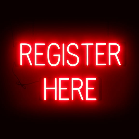 SpellBrite REGISTER HERE LED Sign for Business. 28.1" x 15" Red REGISTER HERE Sign Has Neon Sign Look With Energy Efficient LED Light Source. Visible from 500  Feet, 8 Animation Settings.