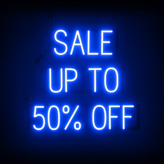SpellBrite SALE UP TO 50% OFF LED Sign for Business. 26.3" x 23.8" Blue SALE UP TO 50% OFF Sign Has Neon Sign Look With Energy Efficient LED Light Source. Visible from 500+ Feet, 8 Animations.