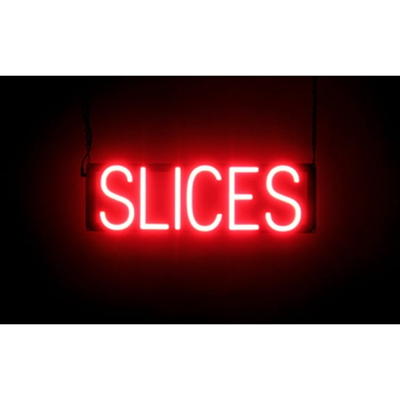 SpellBrite SLICES LED Sign for Business. 20.9" x 6.3" Red SLICES Sign Has Neon Sign Look With Energy Efficient LED Light Source. Visible from 500+ Feet, 8 Animation Settings.
