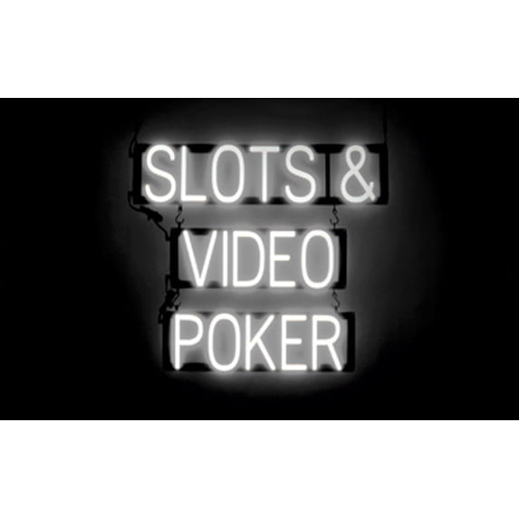 SpellBrite SLOTS & VIDEO POKER LED Sign for Business. 26.4" x 23.8" White SLOTS & VIDEO POKER Sign Has Neon Sign Look With Energy Efficient LED Light Source. Visible from 500+ Feet, 8 Animations.