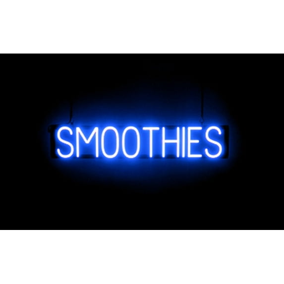 SpellBrite SMOOTHIES LED Sign for Business. 33.7" x 6.3" Blue SMOOTHIES Sign Has Neon Sign Look With Energy Efficient LED Light Source. Visible from 500+ Feet, 8 Animation Settings.