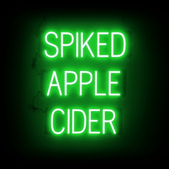 SpellBrite SPIKED APPLE CIDER LED Sign for Business. 21.1" x 23.8" Green SPIKED APPLE CIDER Sign Has Neon Sign Look With Energy Efficient LED Light Source. Visible from 500+ Feet, 8 Animations.