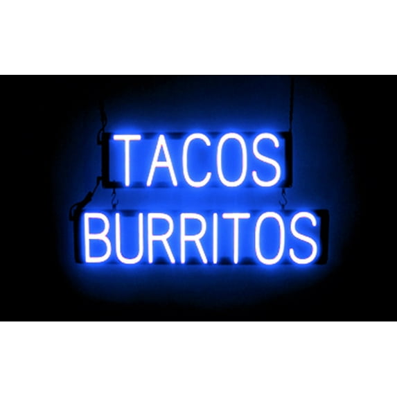 SpellBrite TACOS BURRITOS LED Sign for Business. 29.0" x 15.0" Blue TACOS BURRITOS Sign Has Neon Sign Look With Energy Efficient LED Light Source. Visible from 500+ Feet, 8 Animation Settings.