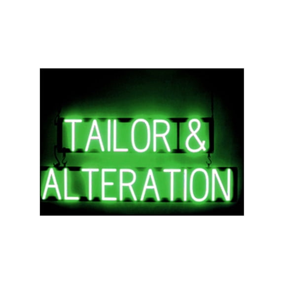 SpellBrite TAILOR & ALTERATION LED Sign for Business. 36.0" x 15.0" Green TAILOR & ALTERATION Sign Has Neon Sign Look With Energy Efficient LED Light Source. Visible from 500+ Feet, 8 Animations.