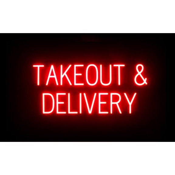 SpellBrite TAKEOUT & DELIVERY LED Sign for Business. 34.2" x 15.0" Red TAKEOUT & DELIVERY Sign Has Neon Sign Look With Energy Efficient LED Light Source. Visible from 500  Feet, 8 Animation Settings.
