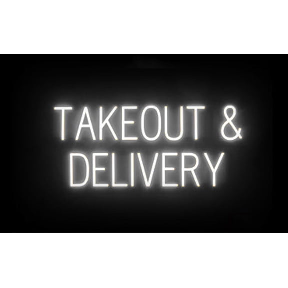 SpellBrite TAKEOUT & DELIVERY LED Sign for Business. 34.2" x 15.0" White TAKEOUT & DELIVERY Sign Has Neon Sign Look With Energy Efficient LED Light Source. Visible from 500+ Feet, 8 Animations.
